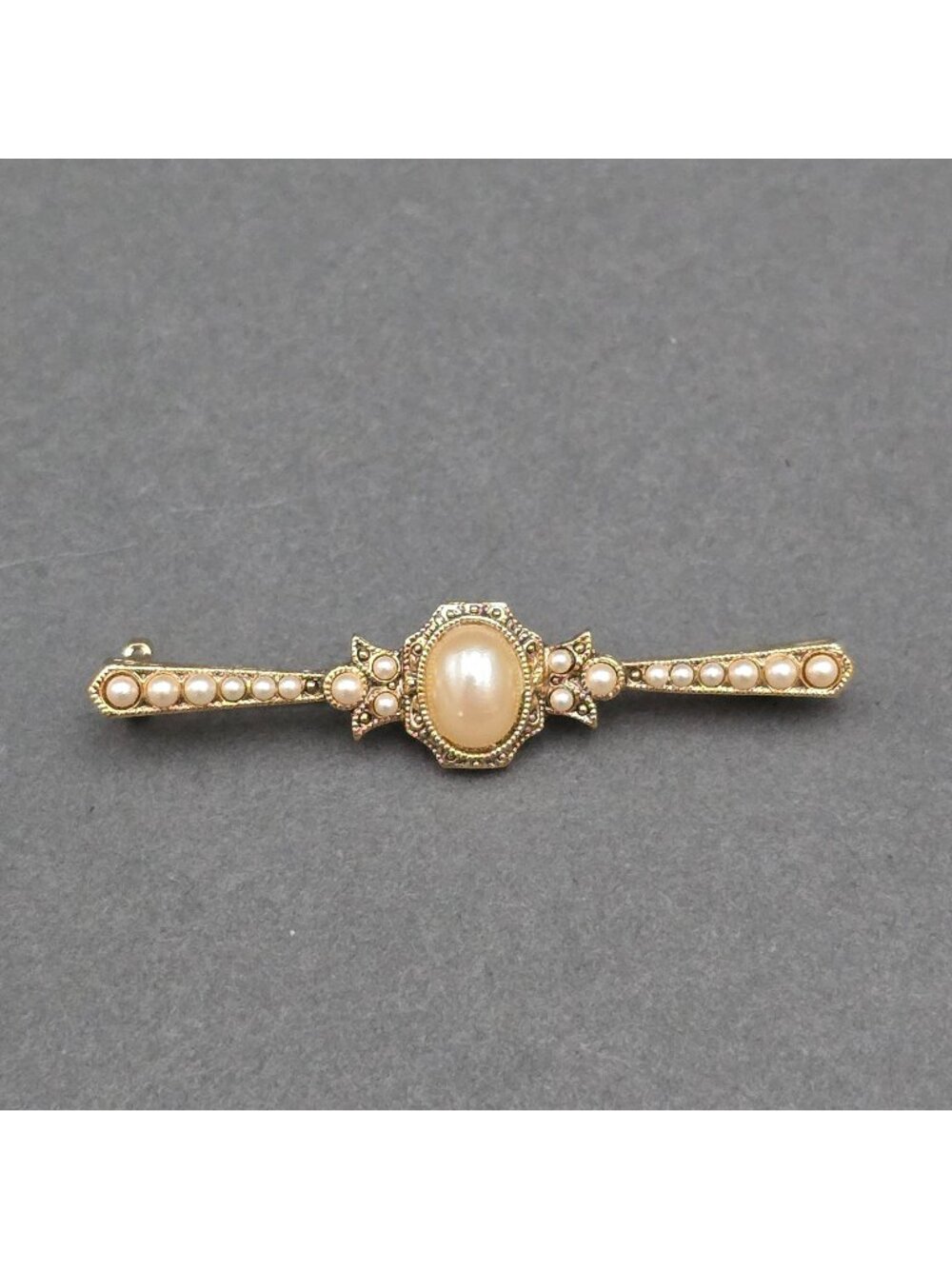 1928 Brand Faux Pearl Bar Brooch Gold Tone Filigree Victorian Revival Pin 2"